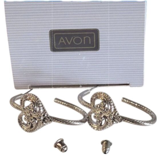 Vintage Avon Pierced Earrings Filigree Heart Silver Birthday Gift 1.5 in drop - Picture 4 of 11